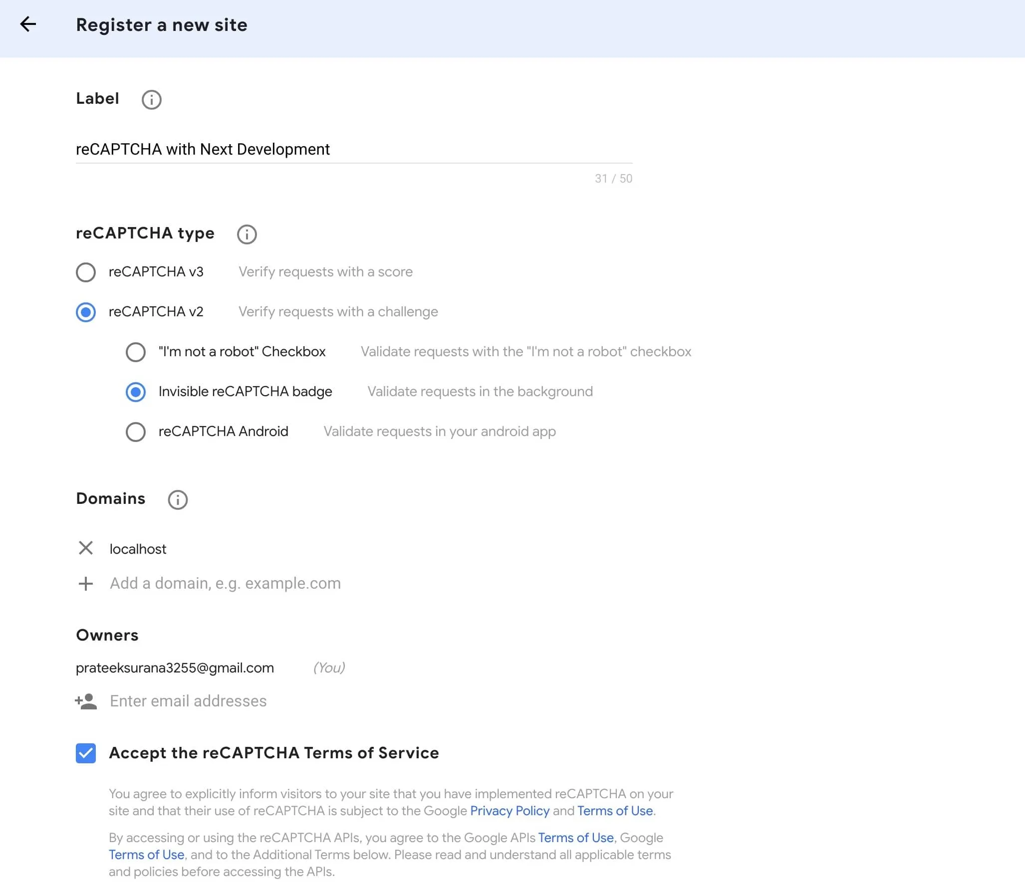 Registering your reCAPTCHA site